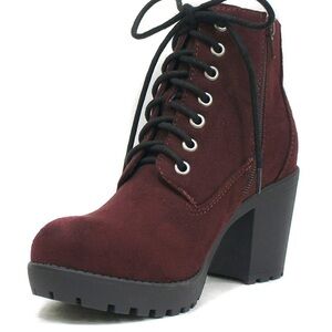 Soda Women's Burgundy Lace-Up Chunky Heel Ankle Boots